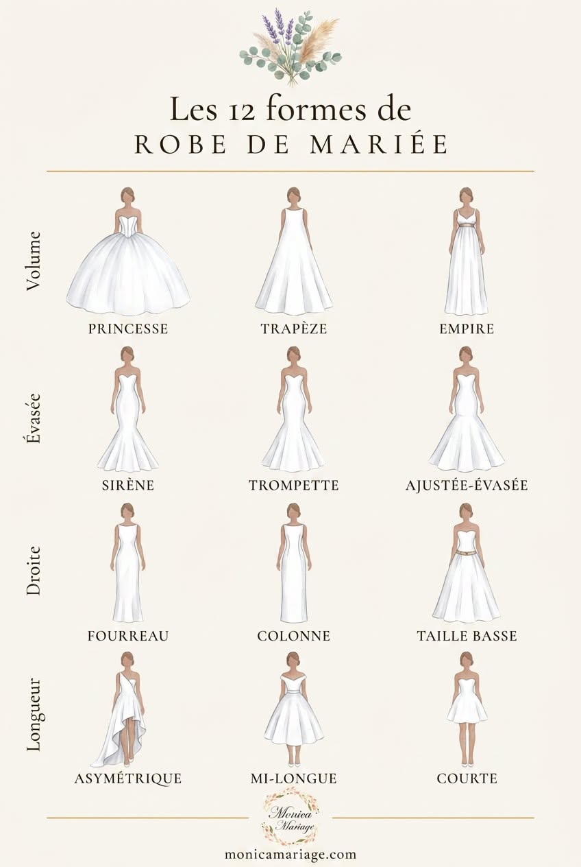 Planche illustrée des 12 formes de robe de mariée en 4 familles : princesse, trapèze, empire, sirène, trompette, ajustée-évasée, fourreau, colonne, taille basse, asymétrique, mi-longue et courte