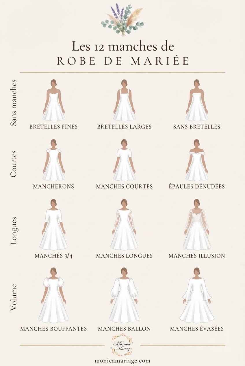 Planche illustrée des 12 manches de robe de mariée en 4 familles : bretelles fines, bretelles larges, sans bretelles, mancherons, manches courtes, épaules dénudées, manches 3/4, manches longues, manches illusion, manches bouffantes, manches ballon et manches évasées